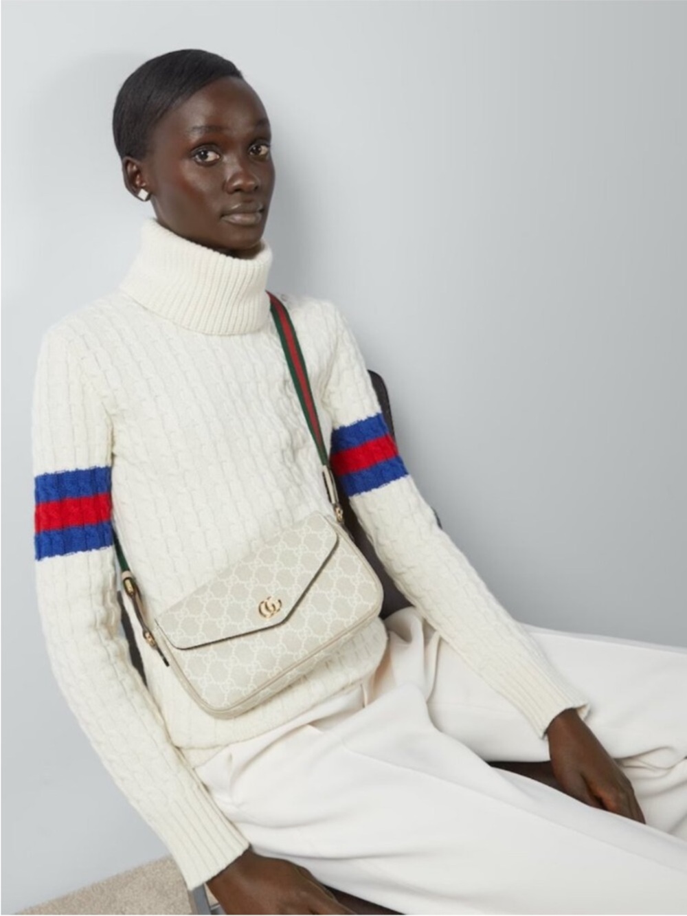 Gucci Cream Cable-Knit Turtleneck Sweater w Blue/Red Sleeve Stripes New w tag!